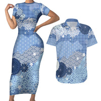 Blue Palaka Japanese Patterns Couples Matching Short Sleeve Bodycon Dress and Hawaiian Shirt Asanoha Seigaiha Sakura Motif LT14 Blue - Polynesian Pride