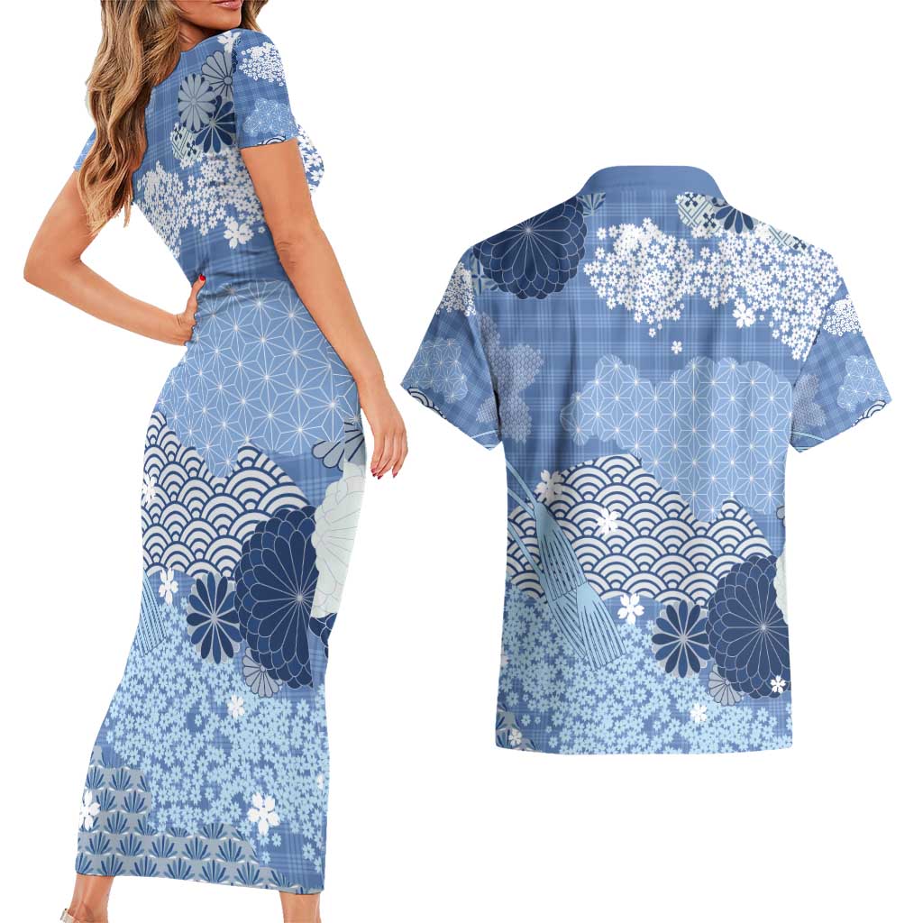Blue Palaka Japanese Patterns Couples Matching Short Sleeve Bodycon Dress and Hawaiian Shirt Asanoha Seigaiha Sakura Motif LT14 - Polynesian Pride