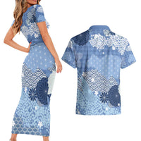 Blue Palaka Japanese Patterns Couples Matching Short Sleeve Bodycon Dress and Hawaiian Shirt Asanoha Seigaiha Sakura Motif LT14 - Polynesian Pride