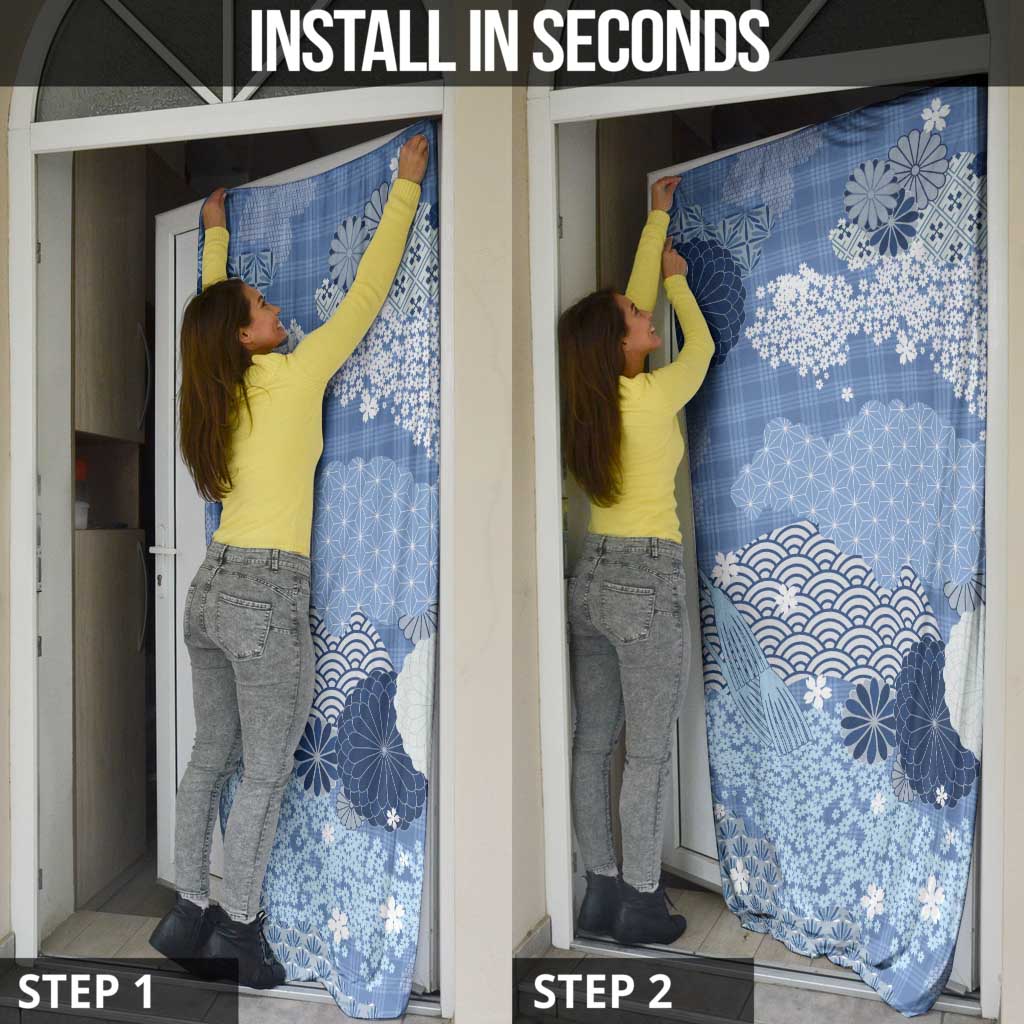 Blue Palaka Japanese Patterns Door Cover Asanoha Seigaiha Sakura Motif - Polynesian Pride