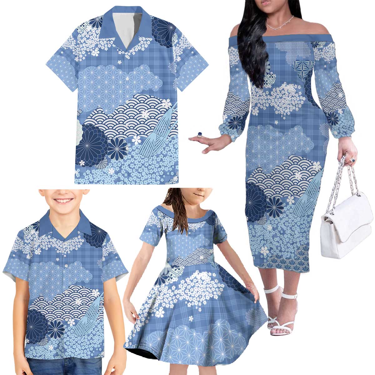 Blue Palaka Japanese Patterns Family Matching Off The Shoulder Long Sleeve Dress and Hawaiian Shirt Asanoha Seigaiha Sakura Motif - Polynesian Pride