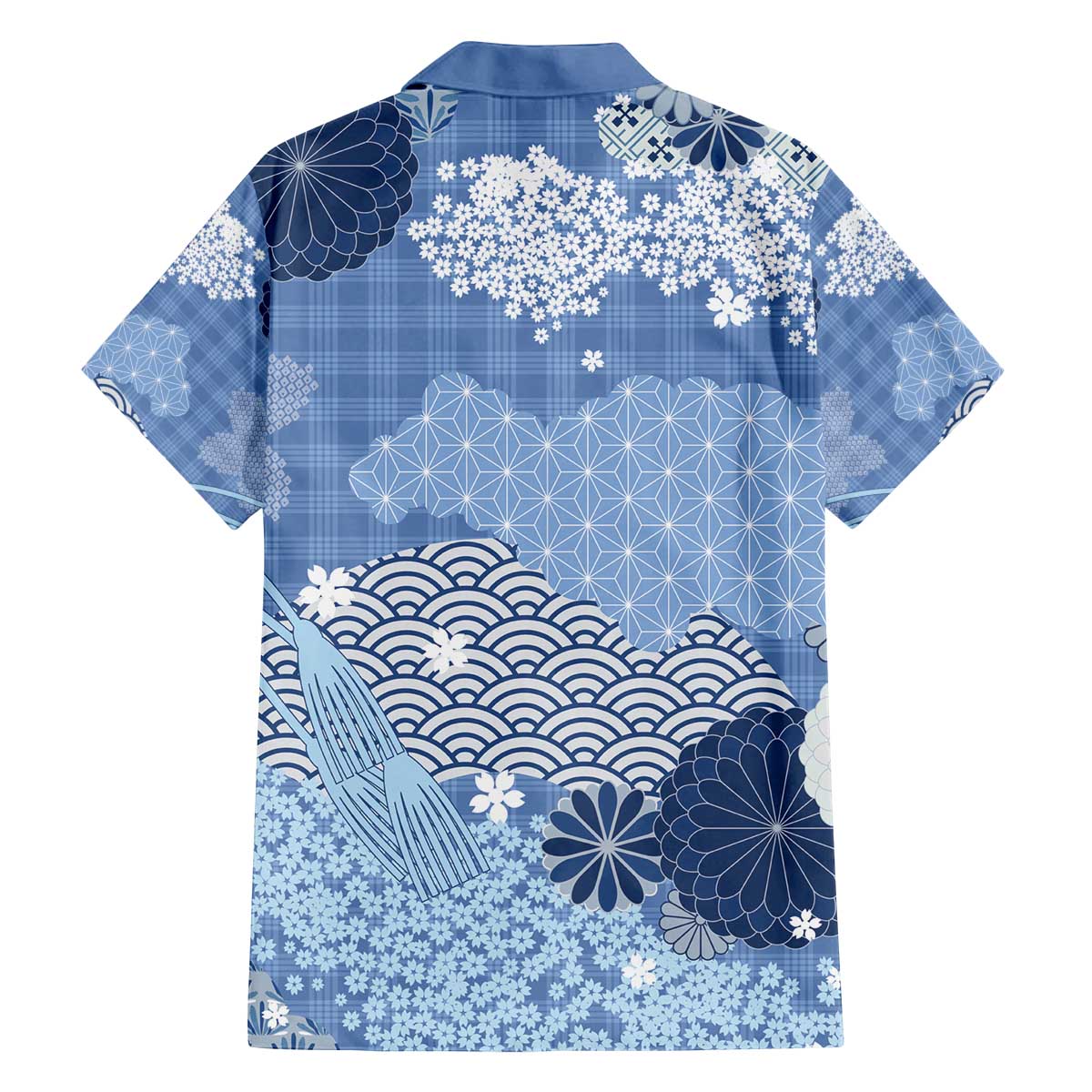 Blue Palaka Japanese Patterns Family Matching Off The Shoulder Long Sleeve Dress and Hawaiian Shirt Asanoha Seigaiha Sakura Motif - Polynesian Pride