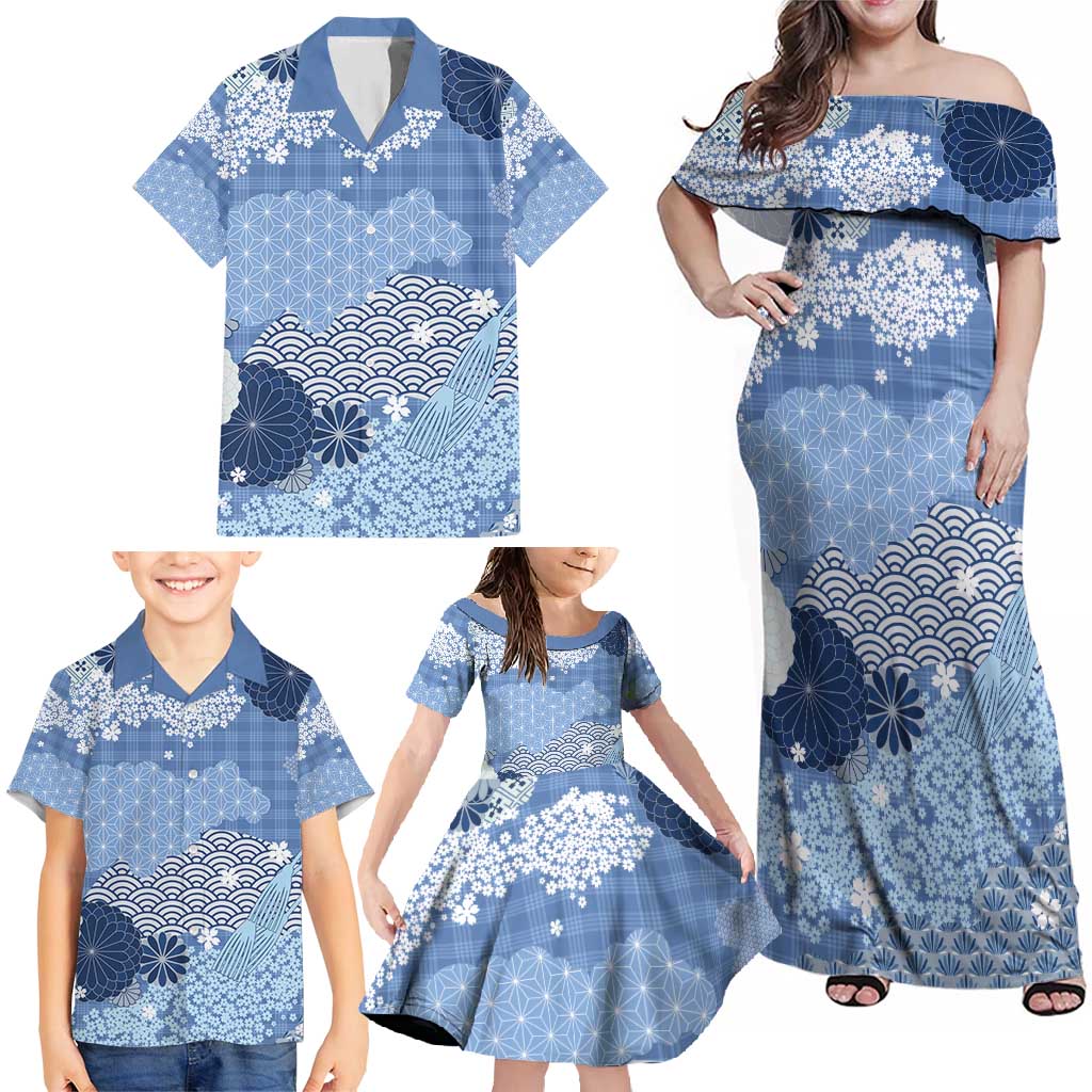 Blue Palaka Japanese Patterns Family Matching Off Shoulder Maxi Dress and Hawaiian Shirt Asanoha Seigaiha Sakura Motif - Polynesian Pride