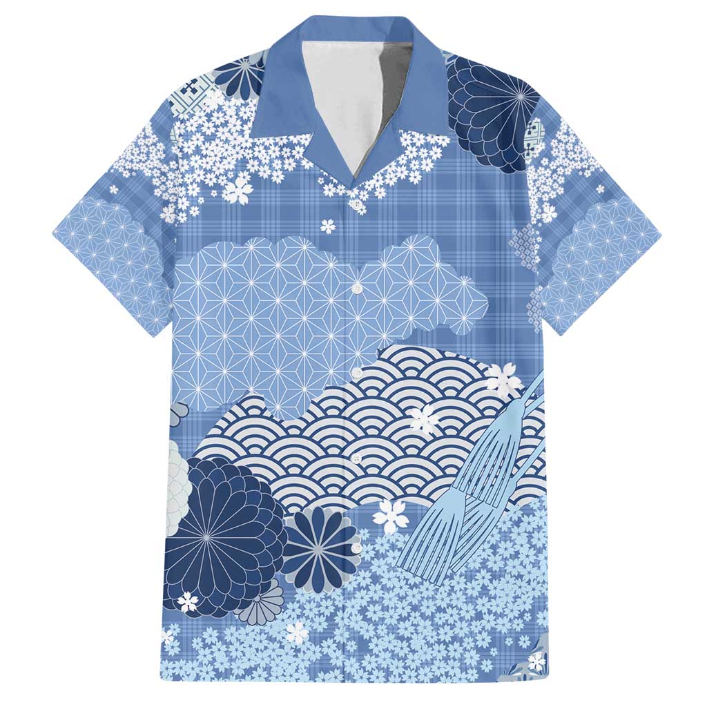 Blue Palaka Japanese Patterns Family Matching Off Shoulder Maxi Dress and Hawaiian Shirt Asanoha Seigaiha Sakura Motif - Polynesian Pride