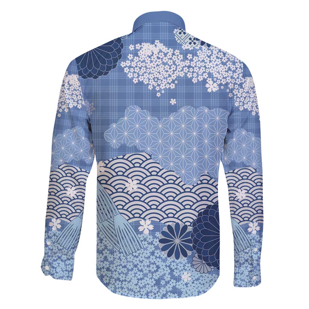 Blue Palaka Japanese Patterns Family Matching Puletasi and Hawaiian Shirt Asanoha Seigaiha Sakura Motif - Polynesian Pride