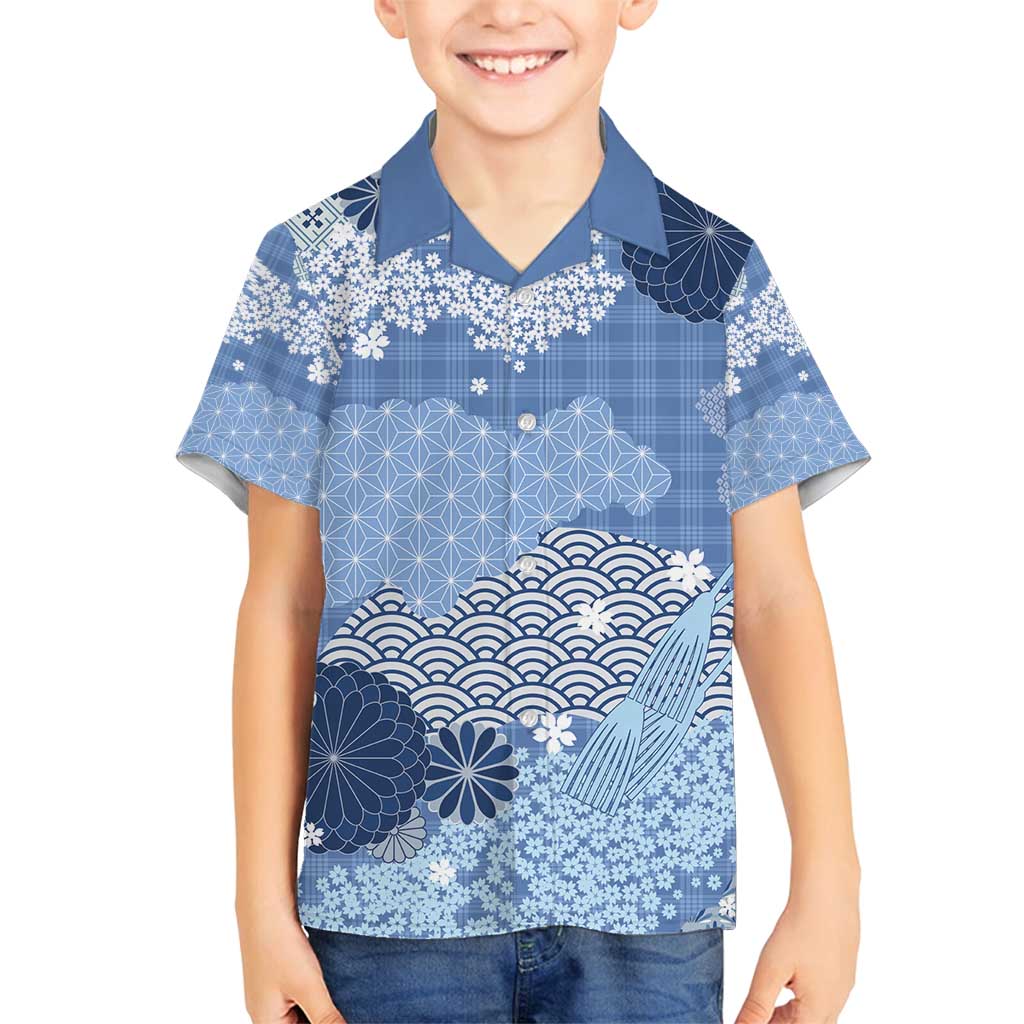 Blue Palaka Japanese Patterns Family Matching Puletasi and Hawaiian Shirt Asanoha Seigaiha Sakura Motif - Polynesian Pride