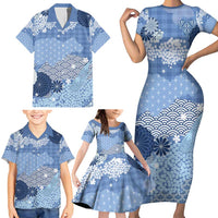 Blue Palaka Japanese Patterns Family Matching Short Sleeve Bodycon Dress and Hawaiian Shirt Asanoha Seigaiha Sakura Motif - Polynesian Pride
