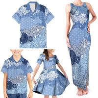 Blue Palaka Japanese Patterns Family Matching Tank Maxi Dress and Hawaiian Shirt Asanoha Seigaiha Sakura Motif - Polynesian Pride