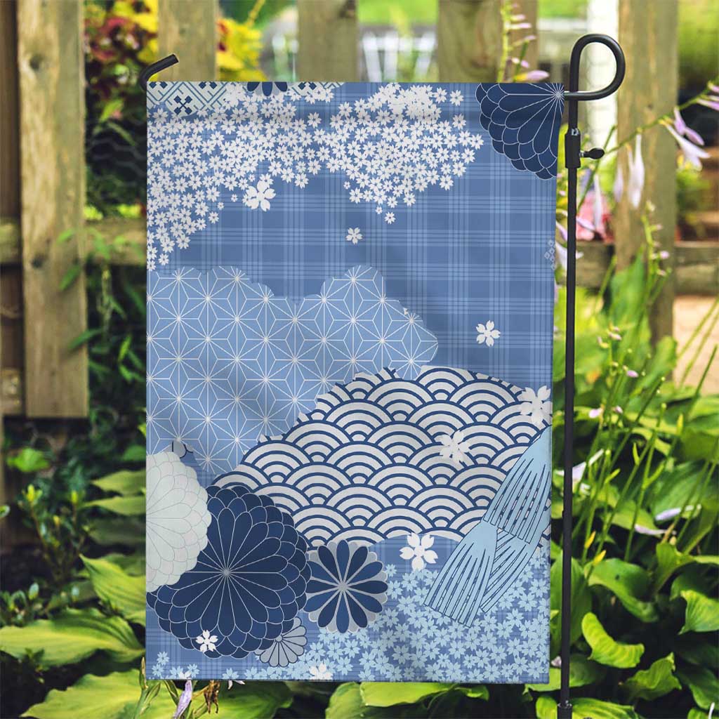 Blue Palaka Japanese Patterns Garden Flag Asanoha Seigaiha Sakura Motif - Polynesian Pride