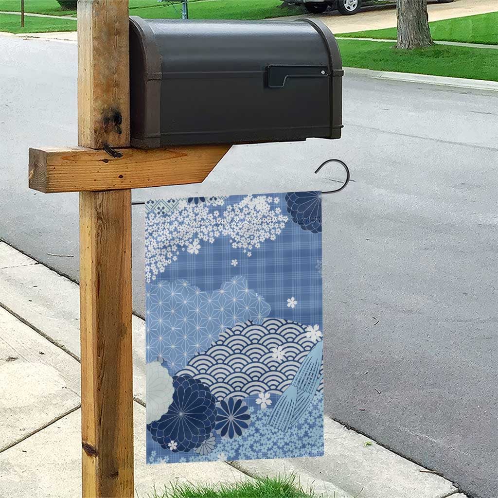 Blue Palaka Japanese Patterns Garden Flag Asanoha Seigaiha Sakura Motif - Polynesian Pride