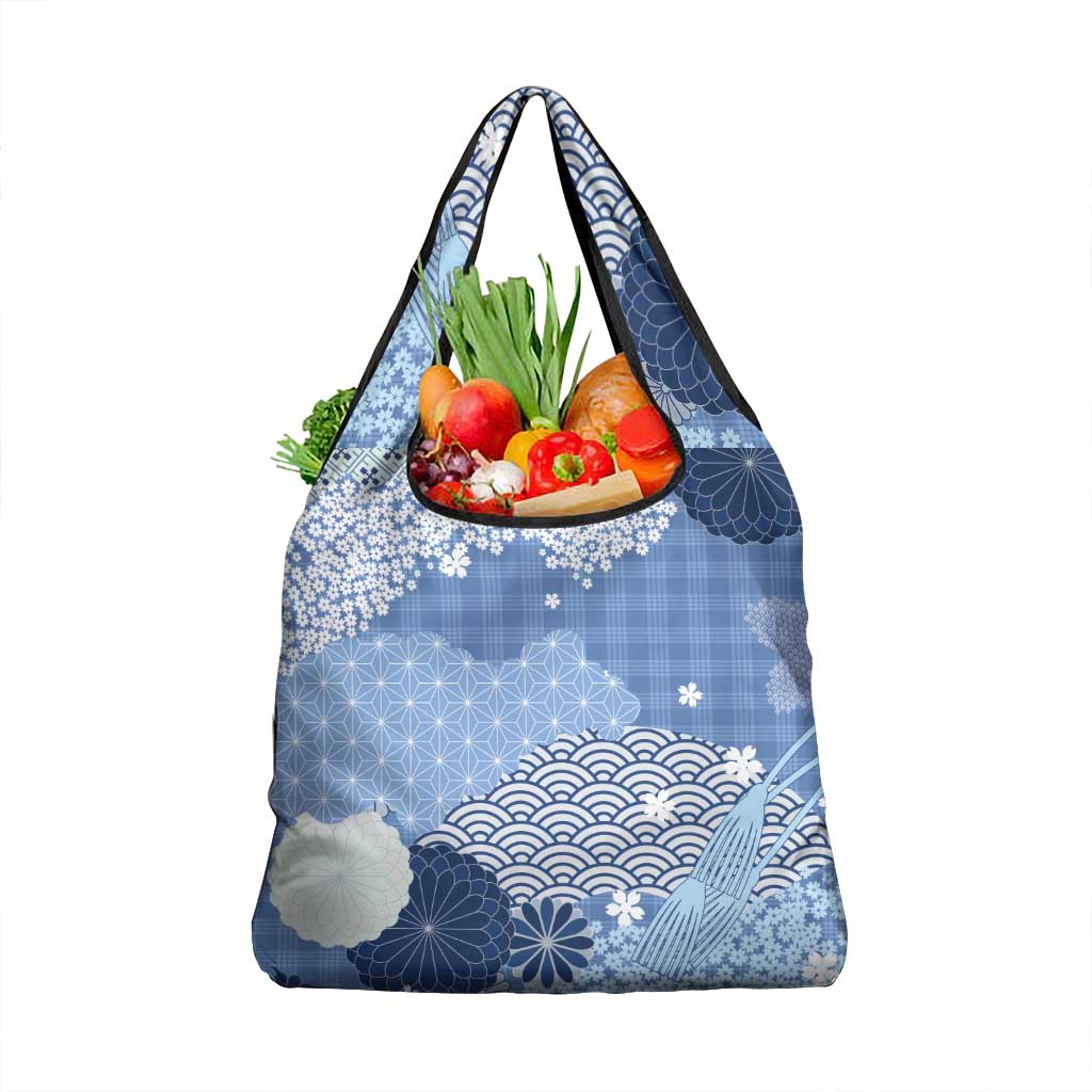 Blue Palaka Japanese Patterns Grocery Bag Asanoha Seigaiha Sakura Motif - Polynesian Pride