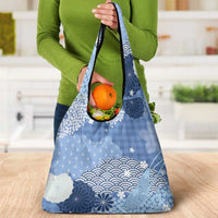 Blue Palaka Japanese Patterns Grocery Bag Asanoha Seigaiha Sakura Motif - Polynesian Pride
