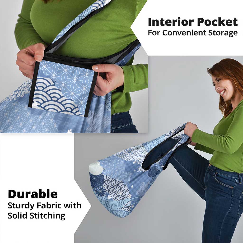 Blue Palaka Japanese Patterns Grocery Bag Asanoha Seigaiha Sakura Motif - Polynesian Pride