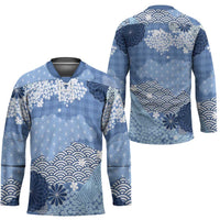 Blue Palaka Japanese Patterns Hockey Jersey Asanoha Seigaiha Sakura Motif - Polynesian Pride