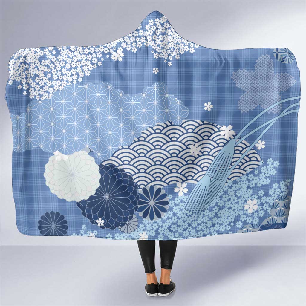 Blue Palaka Japanese Patterns Hooded Blanket Asanoha Seigaiha Sakura Motif - Polynesian Pride