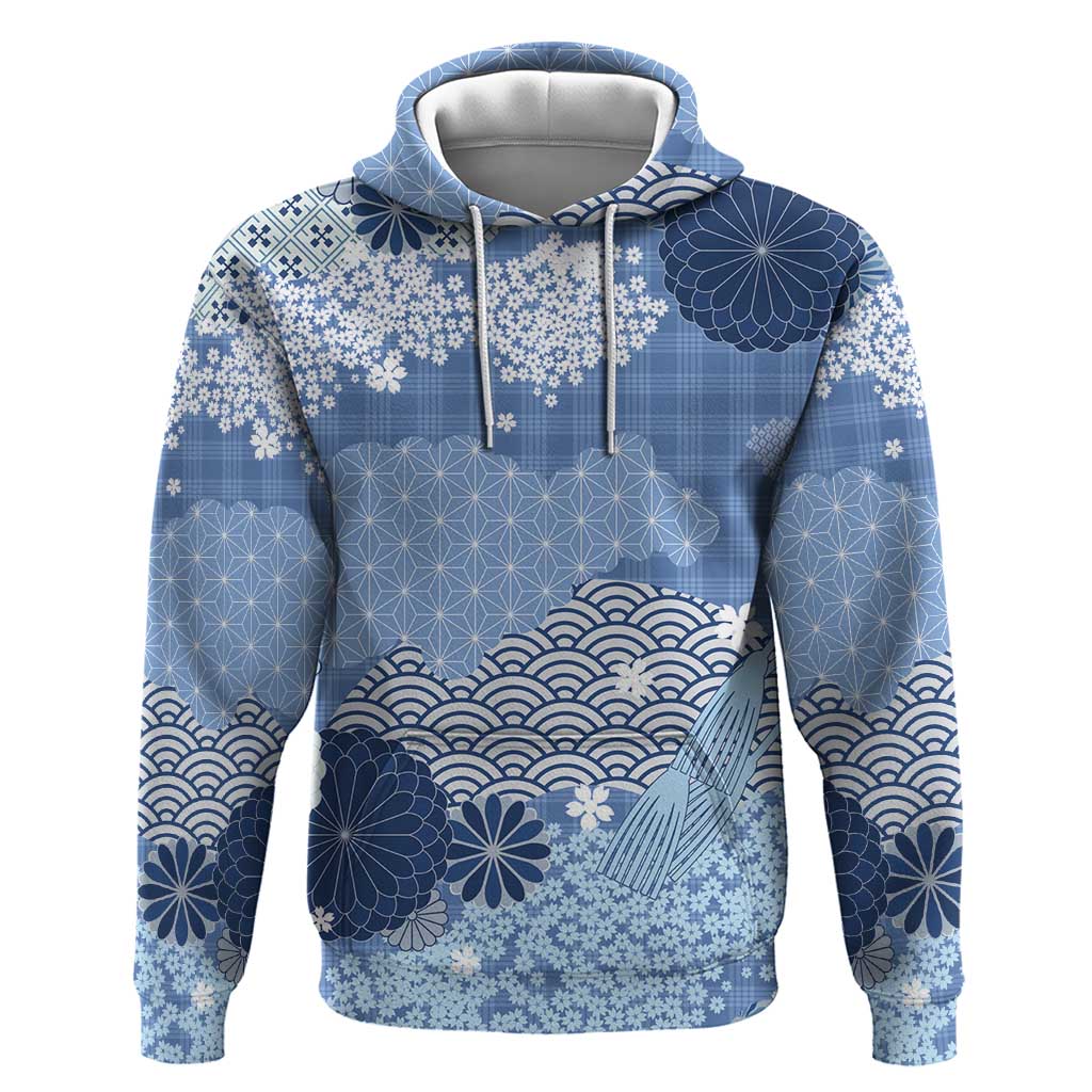 Blue Palaka Japanese Patterns Hoodie Asanoha Seigaiha Sakura Motif - Polynesian Pride