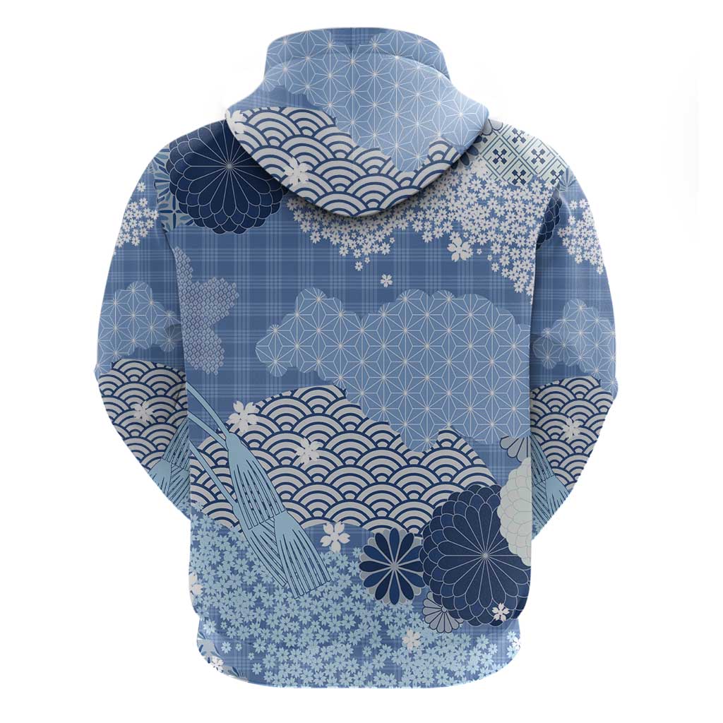 Blue Palaka Japanese Patterns Hoodie Asanoha Seigaiha Sakura Motif - Polynesian Pride