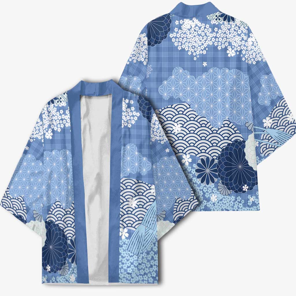 Blue Palaka Japanese Patterns Kimono Asanoha Seigaiha Sakura Motif - Polynesian Pride
