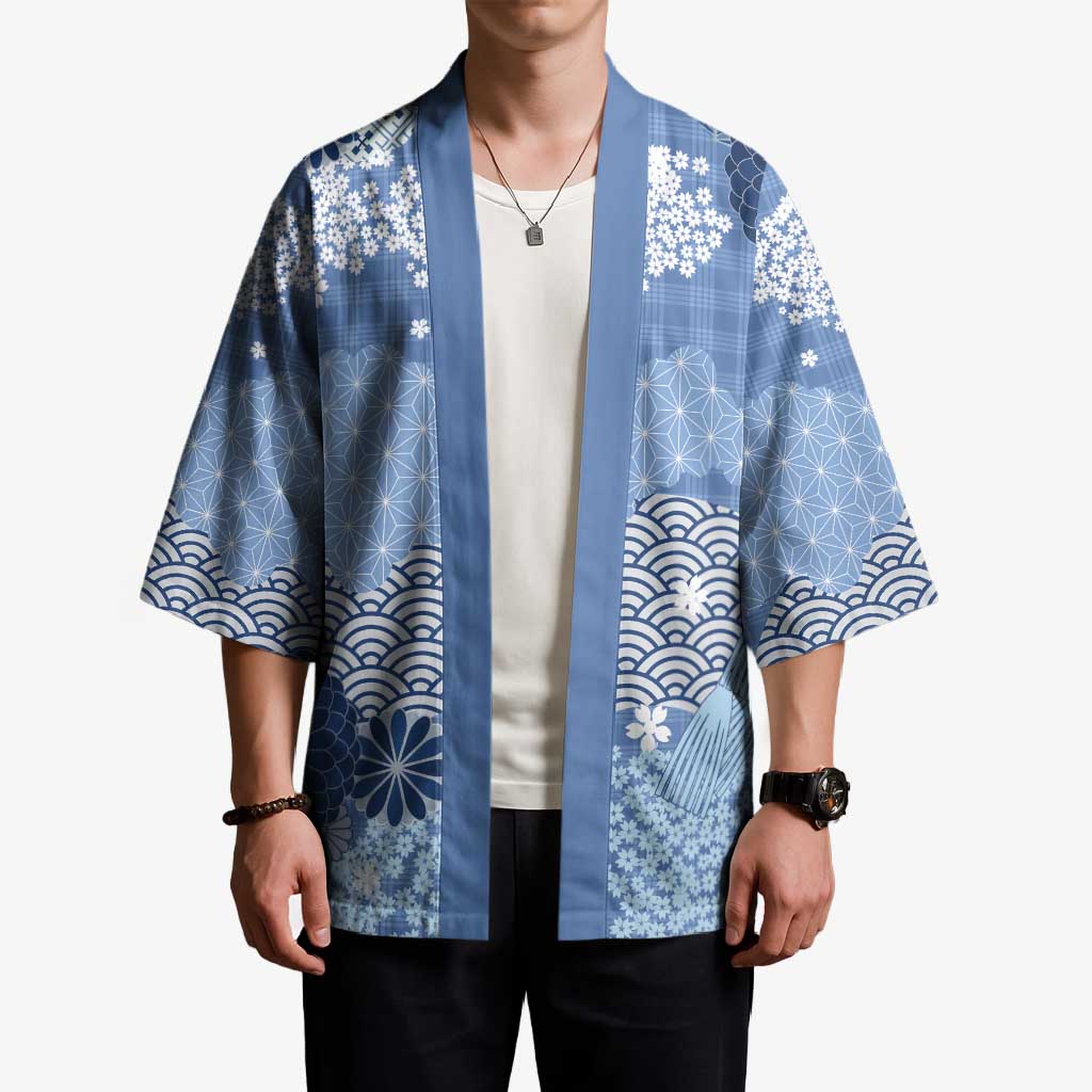 Blue Palaka Japanese Patterns Kimono Asanoha Seigaiha Sakura Motif - Polynesian Pride
