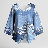 Blue Palaka Japanese Patterns Kimono Sleeve Blouse Asanoha Seigaiha Sakura Motif - Polynesian Pride