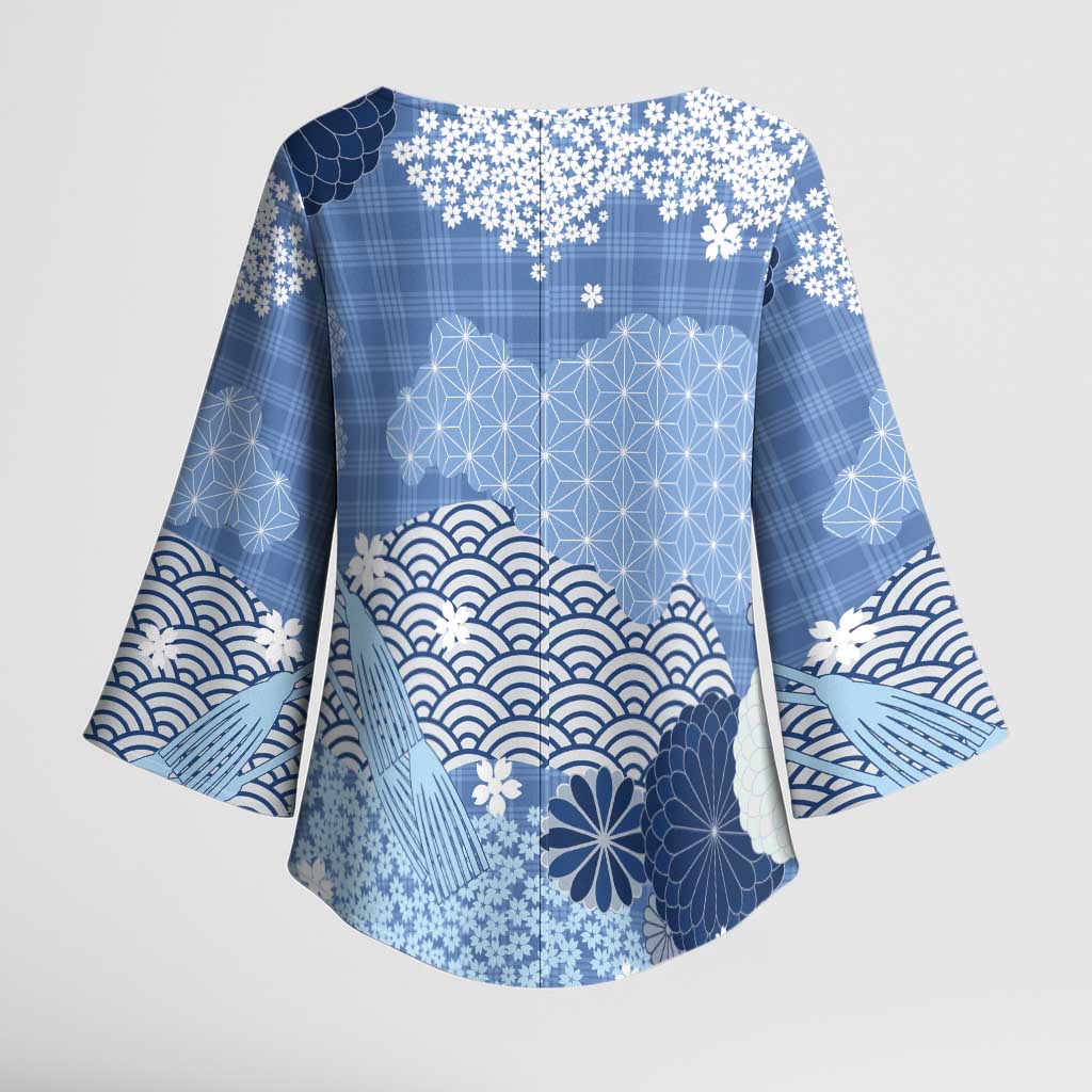 Blue Palaka Japanese Patterns Kimono Sleeve Blouse Asanoha Seigaiha Sakura Motif - Polynesian Pride
