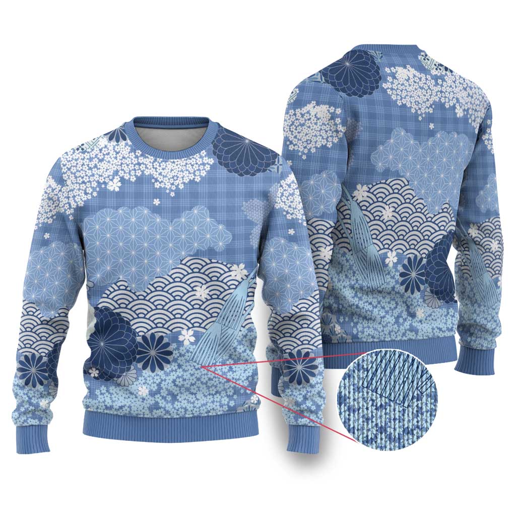 Blue Palaka Japanese Patterns Ugly Christmas Sweater Asanoha Seigaiha Sakura Motif - Polynesian Pride