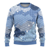 Blue Palaka Japanese Patterns Ugly Christmas Sweater Asanoha Seigaiha Sakura Motif - Polynesian Pride