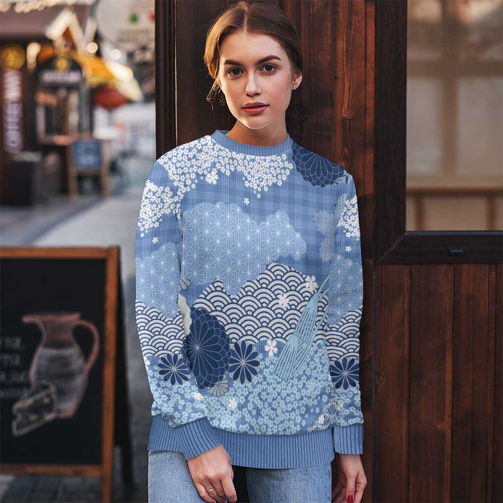 Blue Palaka Japanese Patterns Ugly Christmas Sweater Asanoha Seigaiha Sakura Motif - Polynesian Pride