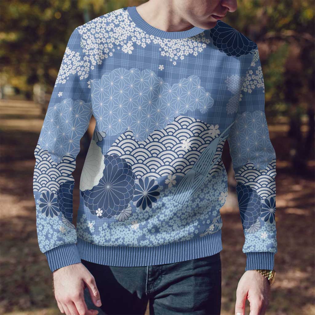 Blue Palaka Japanese Patterns Ugly Christmas Sweater Asanoha Seigaiha Sakura Motif - Polynesian Pride