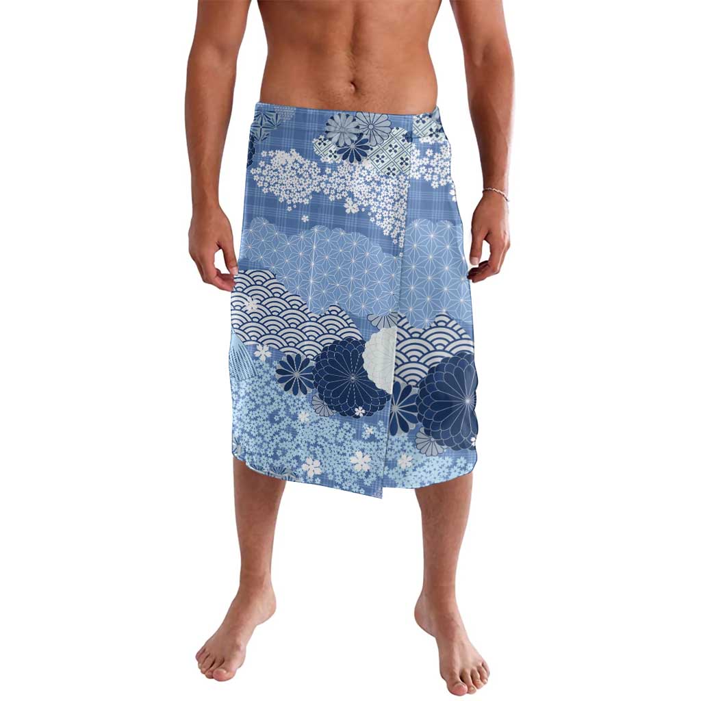 Blue Palaka Japanese Patterns Lavalava Asanoha Seigaiha Sakura Motif - Polynesian Pride