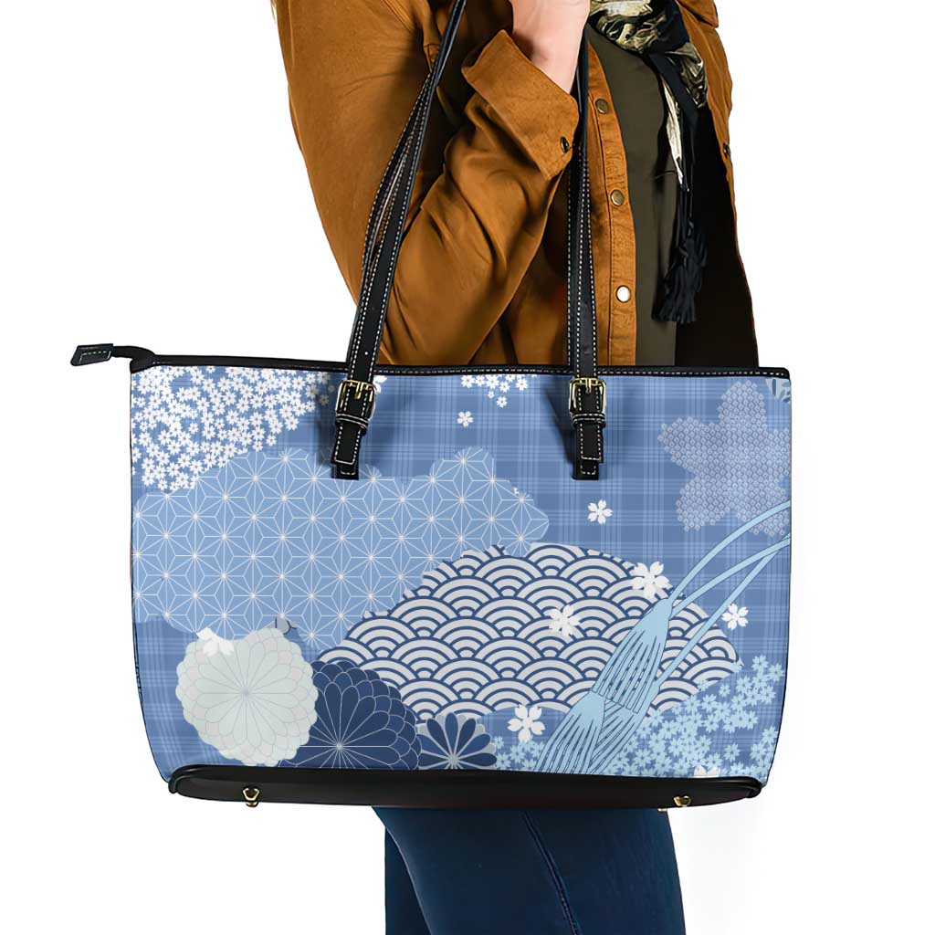 Blue Palaka Japanese Patterns Leather Tote Bag Asanoha Seigaiha Sakura Motif - Polynesian Pride