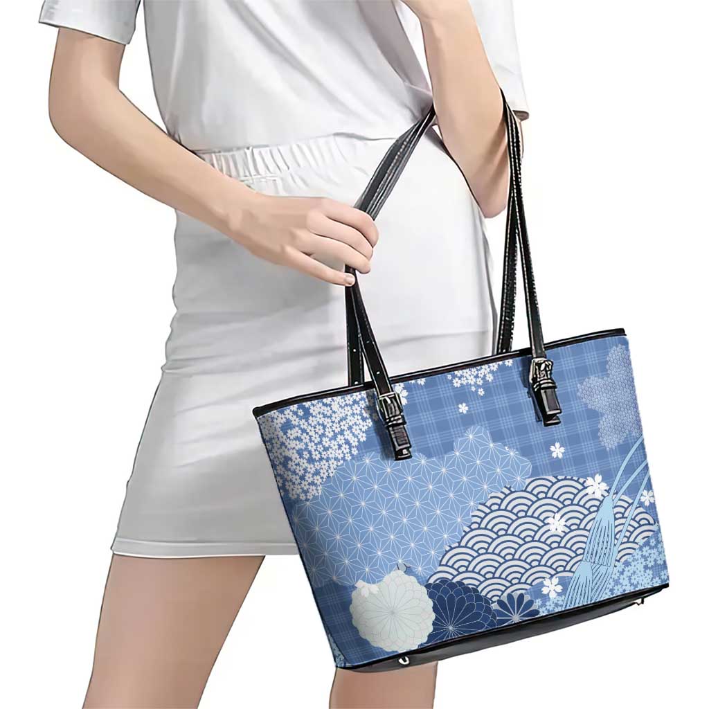 Blue Palaka Japanese Patterns Leather Tote Bag Asanoha Seigaiha Sakura Motif - Polynesian Pride