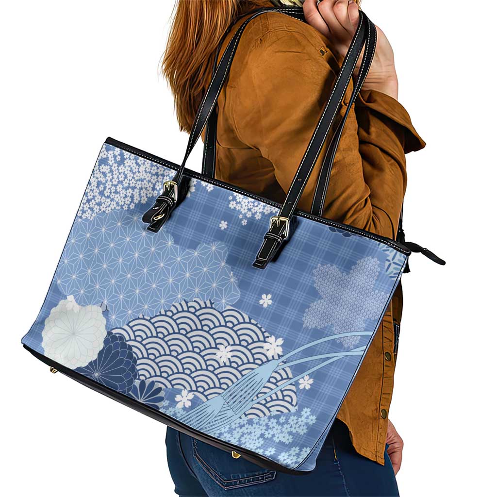 Blue Palaka Japanese Patterns Leather Tote Bag Asanoha Seigaiha Sakura Motif - Polynesian Pride