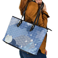 Blue Palaka Japanese Patterns Leather Tote Bag Asanoha Seigaiha Sakura Motif - Polynesian Pride