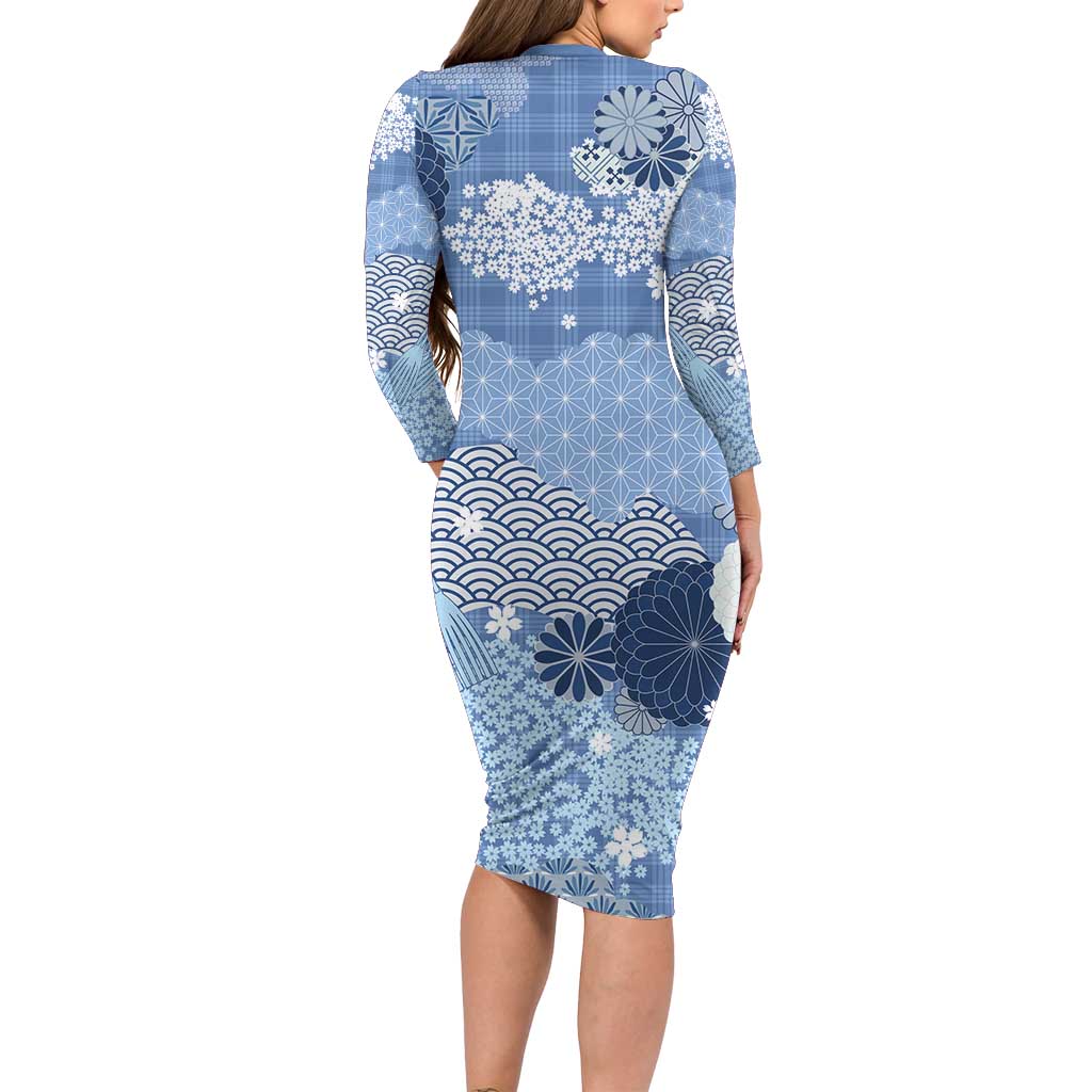 Blue Palaka Japanese Patterns Long Sleeve Bodycon Dress Asanoha Seigaiha Sakura Motif - Polynesian Pride