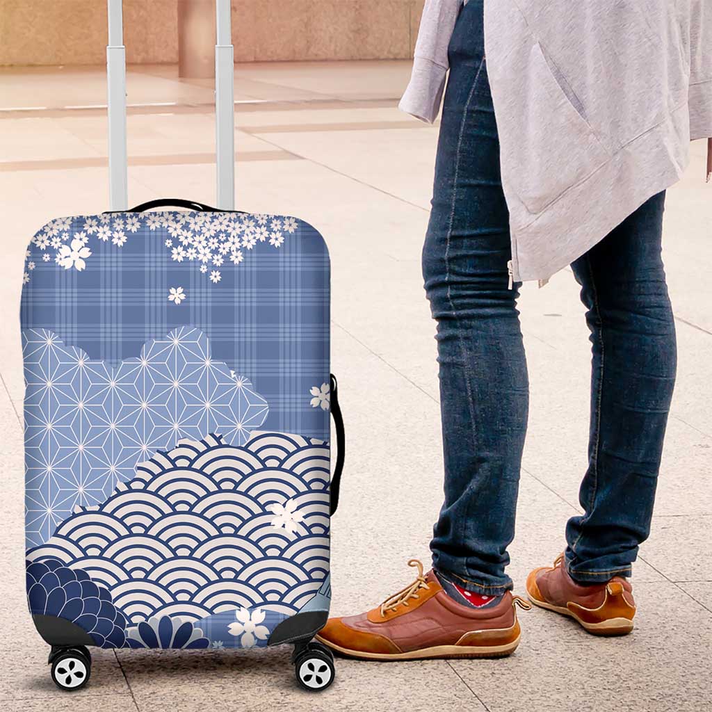 Blue Palaka Japanese Patterns Luggage Cover Asanoha Seigaiha Sakura Motif - Polynesian Pride