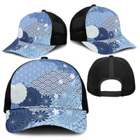 Blue Japanese Traditional Motifs Mesh Trucker Cap Palaka With Asanoha Seigaiha Sakura - Polynesian Pride