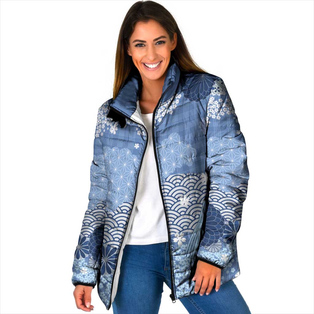 Blue Palaka Japanese Patterns Padded Jacket Asanoha Seigaiha Sakura Motif - Polynesian Pride