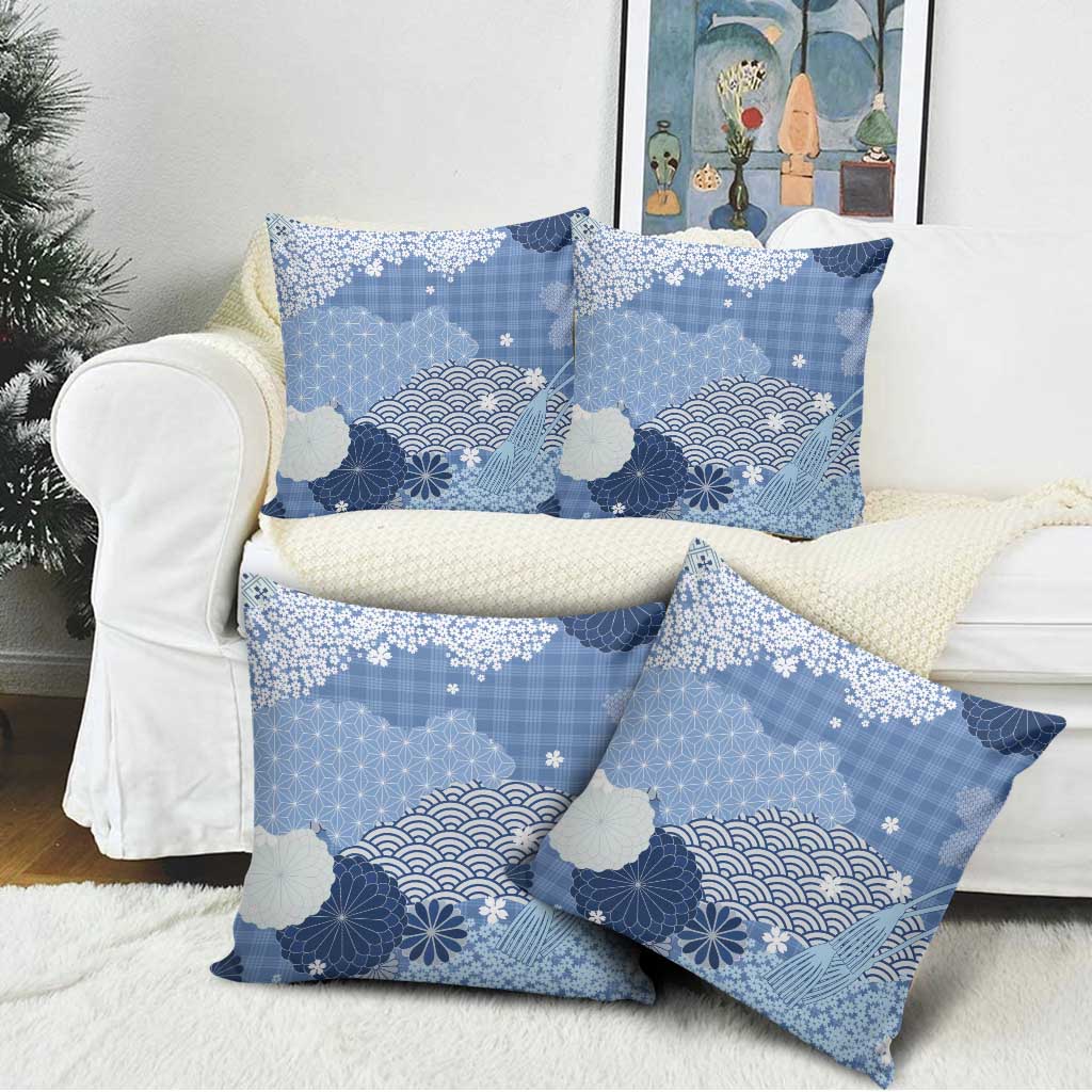 Blue Palaka Japanese Patterns Pillow Cover Asanoha Seigaiha Sakura Motif - Polynesian Pride