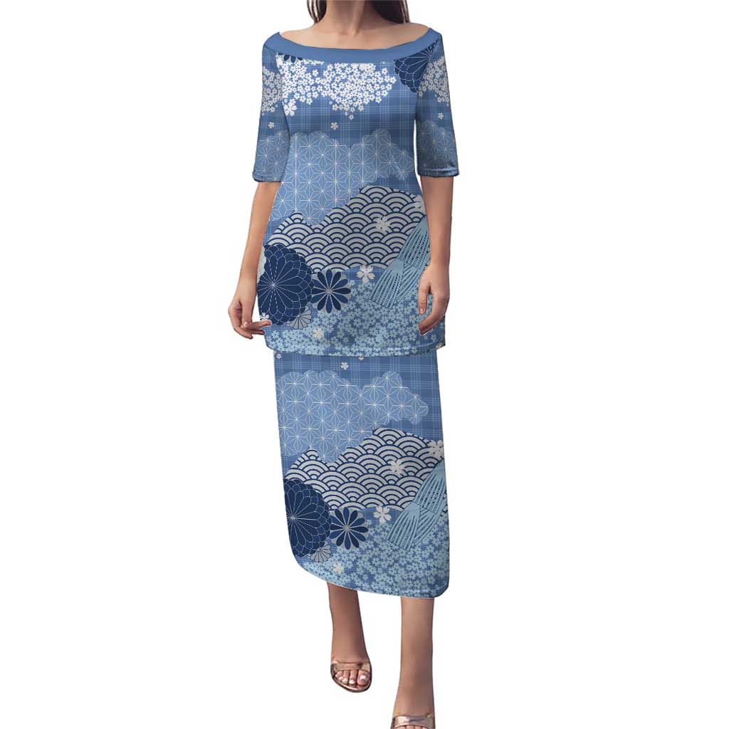 Blue Palaka Japanese Patterns Puletasi Asanoha Seigaiha Sakura Motif - Polynesian Pride