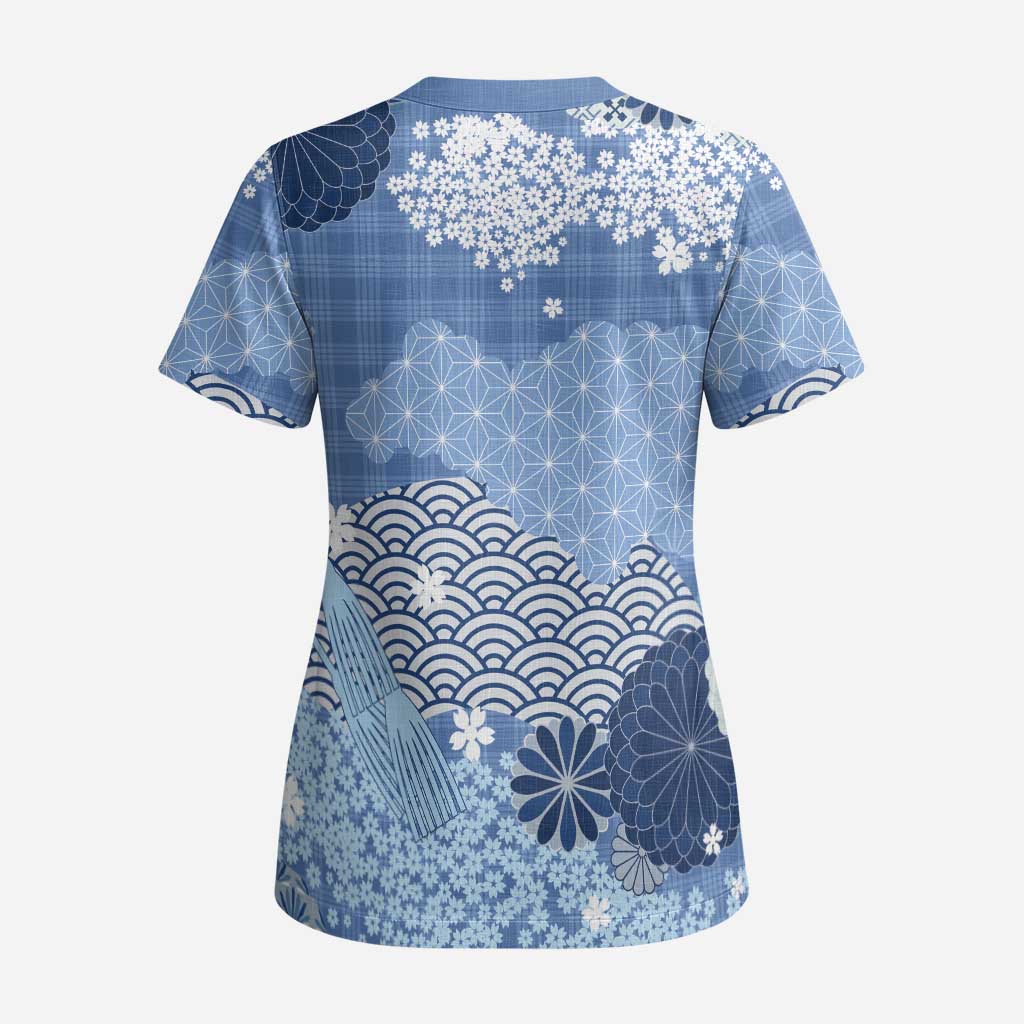 Blue Palaka Japanese Patterns Scrub Top Asanoha Seigaiha Sakura Motif LT14 - Polynesian Pride