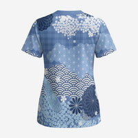 Blue Palaka Japanese Patterns Scrub Top Asanoha Seigaiha Sakura Motif LT14 - Polynesian Pride