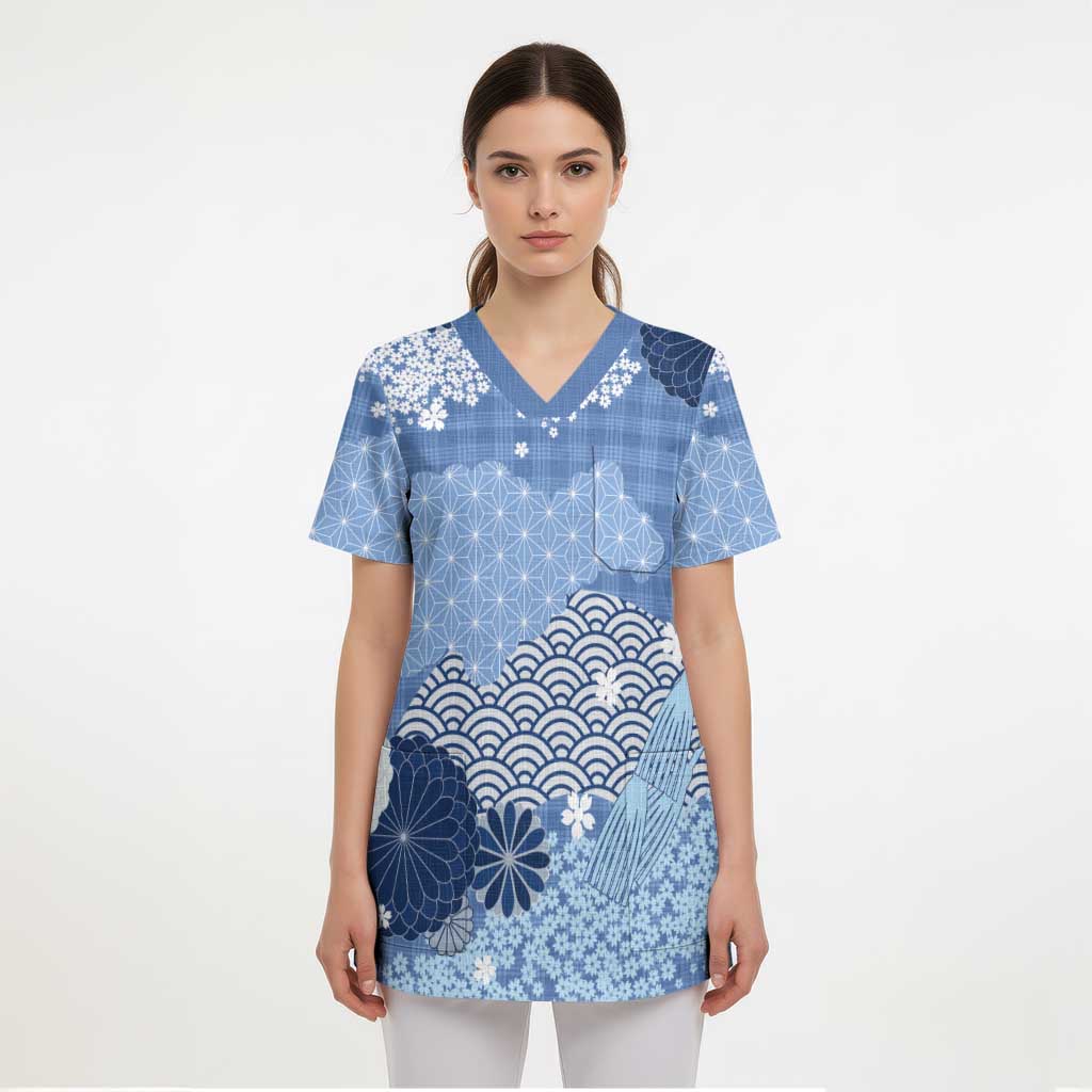 Blue Palaka Japanese Patterns Scrub Top Asanoha Seigaiha Sakura Motif LT14 - Polynesian Pride