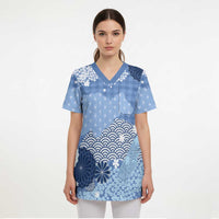 Blue Palaka Japanese Patterns Scrub Top Asanoha Seigaiha Sakura Motif LT14 - Polynesian Pride