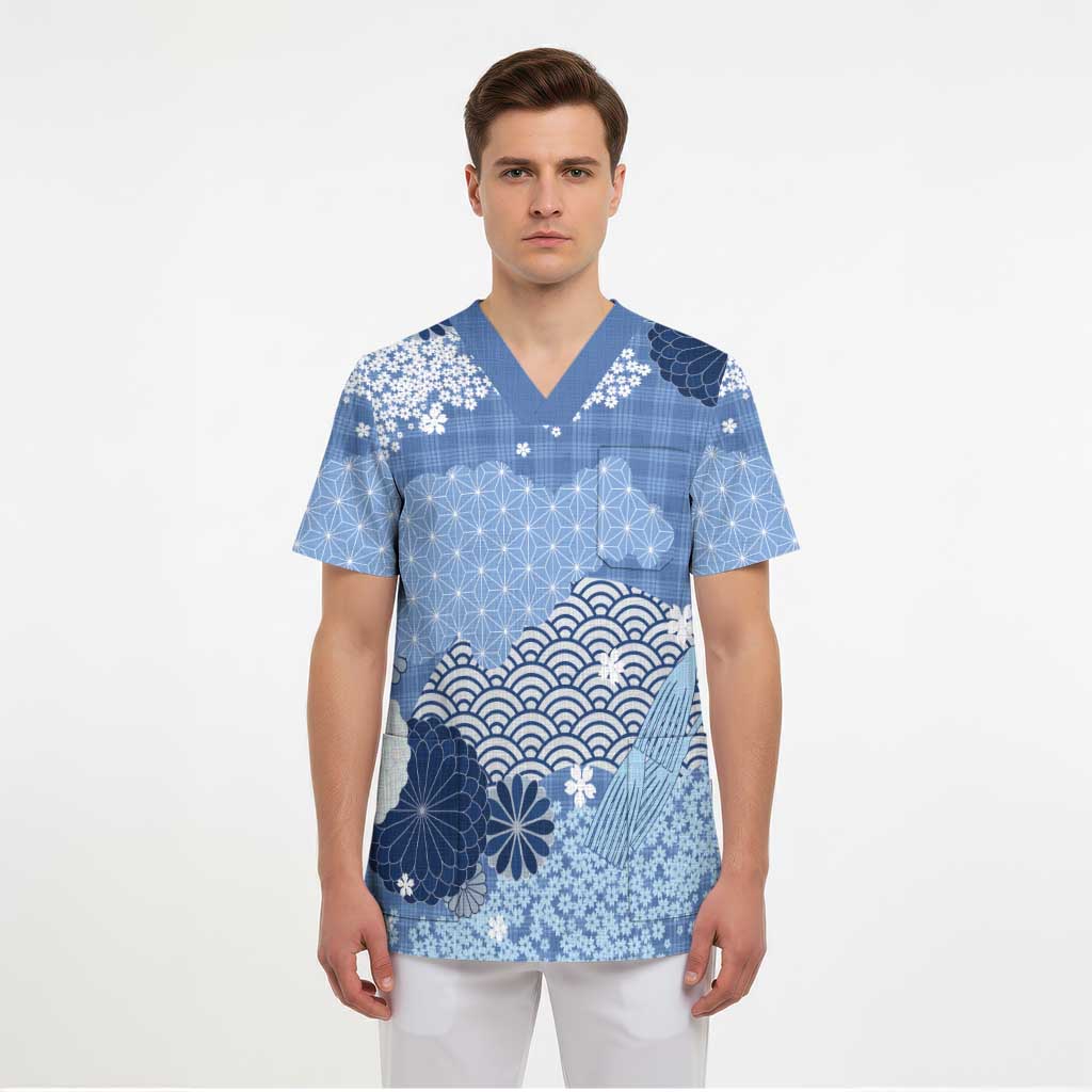 Blue Palaka Japanese Patterns Scrub Top Asanoha Seigaiha Sakura Motif LT14 - Polynesian Pride