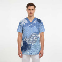 Blue Palaka Japanese Patterns Scrub Top Asanoha Seigaiha Sakura Motif LT14 - Polynesian Pride
