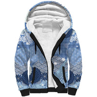 Blue Palaka Japanese Patterns Sherpa Hoodie Asanoha Seigaiha Sakura Motif - Polynesian Pride