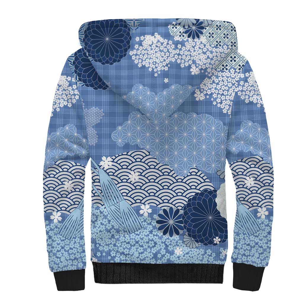 Blue Palaka Japanese Patterns Sherpa Hoodie Asanoha Seigaiha Sakura Motif - Polynesian Pride