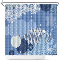 Blue Palaka Japanese Patterns Shower Curtain Asanoha Seigaiha Sakura Motif - Polynesian Pride