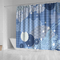 Blue Palaka Japanese Patterns Shower Curtain Asanoha Seigaiha Sakura Motif - Polynesian Pride
